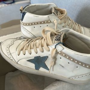 Golden Goose Mid Star Denim Wing-Tip Sneakers with Pearl Wave 4957 - Retail $715